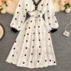 Elegant V Neck A Line Puff Sleeve Buttons Lace Dresses - Image 26