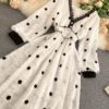 Elegant V Neck A Line Puff Sleeve Buttons Lace Dresses - Image 32