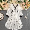 Elegant V Neck A Line Puff Sleeve Buttons Lace Dresses - Image 33