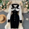Retro Long Sleeve Slim Pencil Warm Bodycon Sweater Dresses - Image 2