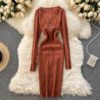 Retro Long Sleeve Solid Slim Elastic Pencil Dresses - Image 2