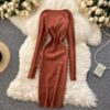 Retro Long Sleeve Solid Slim Elastic Pencil Dresses - Image 3