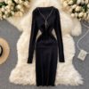 Retro Long Sleeve Solid Slim Elastic Pencil Dresses - Image 4