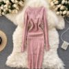 Retro Long Sleeve Solid Slim Elastic Pencil Dresses - Image 5