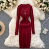 Retro Long Sleeve Solid Slim Elastic Pencil Dresses
