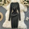 Retro Long Sleeve Solid Slim Elastic Pencil Dresses - Image 6