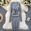 Retro Long Sleeve Solid Slim Elastic Pencil Dresses - Image 7