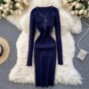 Retro Long Sleeve Solid Slim Elastic Pencil Dresses - Image 8