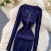 Retro Long Sleeve Solid Slim Elastic Pencil Dresses - Image 9