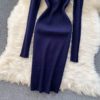Retro Long Sleeve Solid Slim Elastic Pencil Dresses - Image 10