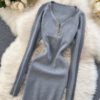 Retro Long Sleeve Solid Slim Elastic Pencil Dresses - Image 11