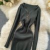 Retro Long Sleeve Solid Slim Elastic Pencil Dresses - Image 13