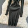 Retro Long Sleeve Solid Slim Elastic Pencil Dresses - Image 14