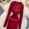 Retro Long Sleeve Solid Slim Elastic Pencil Dresses - Image 15