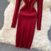 Retro Long Sleeve Solid Slim Elastic Pencil Dresses - Image 16