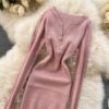 Retro Long Sleeve Solid Slim Elastic Pencil Dresses - Image 17