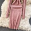 Retro Long Sleeve Solid Slim Elastic Pencil Dresses - Image 18