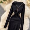 Retro Long Sleeve Solid Slim Elastic Pencil Dresses - Image 19