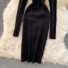 Retro Long Sleeve Solid Slim Elastic Pencil Dresses - Image 20