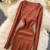 Retro Long Sleeve Solid Slim Elastic Pencil Dresses - Image 21