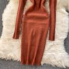 Retro Long Sleeve Solid Slim Elastic Pencil Dresses - Image 24