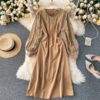 Retro Puff Sleeve O Neck A-line Street Wear Midi Long Dress - Image 2