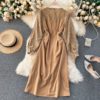 Retro Puff Sleeve O Neck A-line Street Wear Midi Long Dress - Image 4