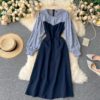 Retro Puff Sleeve O Neck A-line Street Wear Midi Long Dress - Image 6