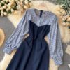 Retro Puff Sleeve O Neck A-line Street Wear Midi Long Dress - Image 9