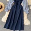 Retro Puff Sleeve O Neck A-line Street Wear Midi Long Dress - Image 10