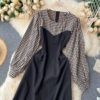 Retro Puff Sleeve O Neck A-line Street Wear Midi Long Dress - Image 11