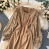 Retro Puff Sleeve O Neck A-line Street Wear Midi Long Dress - Image 13