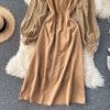 Retro Puff Sleeve O Neck A-line Street Wear Midi Long Dress - Image 21