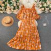 Square Collar Puff Sleeve A Line Printed Flowers Dress - Image 2