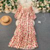 Square Collar Puff Sleeve A Line Printed Flowers Dress - Image 3