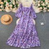 Square Collar Puff Sleeve A Line Printed Flowers Dress - Image 4
