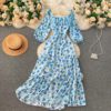 Square Collar Puff Sleeve A Line Printed Flowers Dress - Image 5