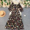 Square Collar Puff Sleeve A Line Printed Flowers Dress - Image 6