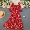 Square Collar Puff Sleeve A Line Printed Flowers Dress