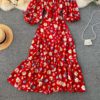 Square Collar Puff Sleeve A Line Printed Flowers Dress - Image 8