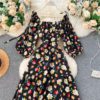 Square Collar Puff Sleeve A Line Printed Flowers Dress - Image 9