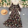 Square Collar Puff Sleeve A Line Printed Flowers Dress - Image 10
