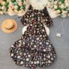 Square Collar Puff Sleeve A Line Printed Flowers Dress - Image 12