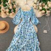 Square Collar Puff Sleeve A Line Printed Flowers Dress - Image 13