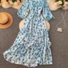 Square Collar Puff Sleeve A Line Printed Flowers Dress - Image 14