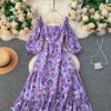 Square Collar Puff Sleeve A Line Printed Flowers Dress - Image 15