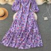 Square Collar Puff Sleeve A Line Printed Flowers Dress - Image 16