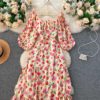 Square Collar Puff Sleeve A Line Printed Flowers Dress - Image 17