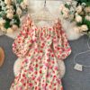Square Collar Puff Sleeve A Line Printed Flowers Dress - Image 19
