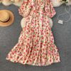 Square Collar Puff Sleeve A Line Printed Flowers Dress - Image 20